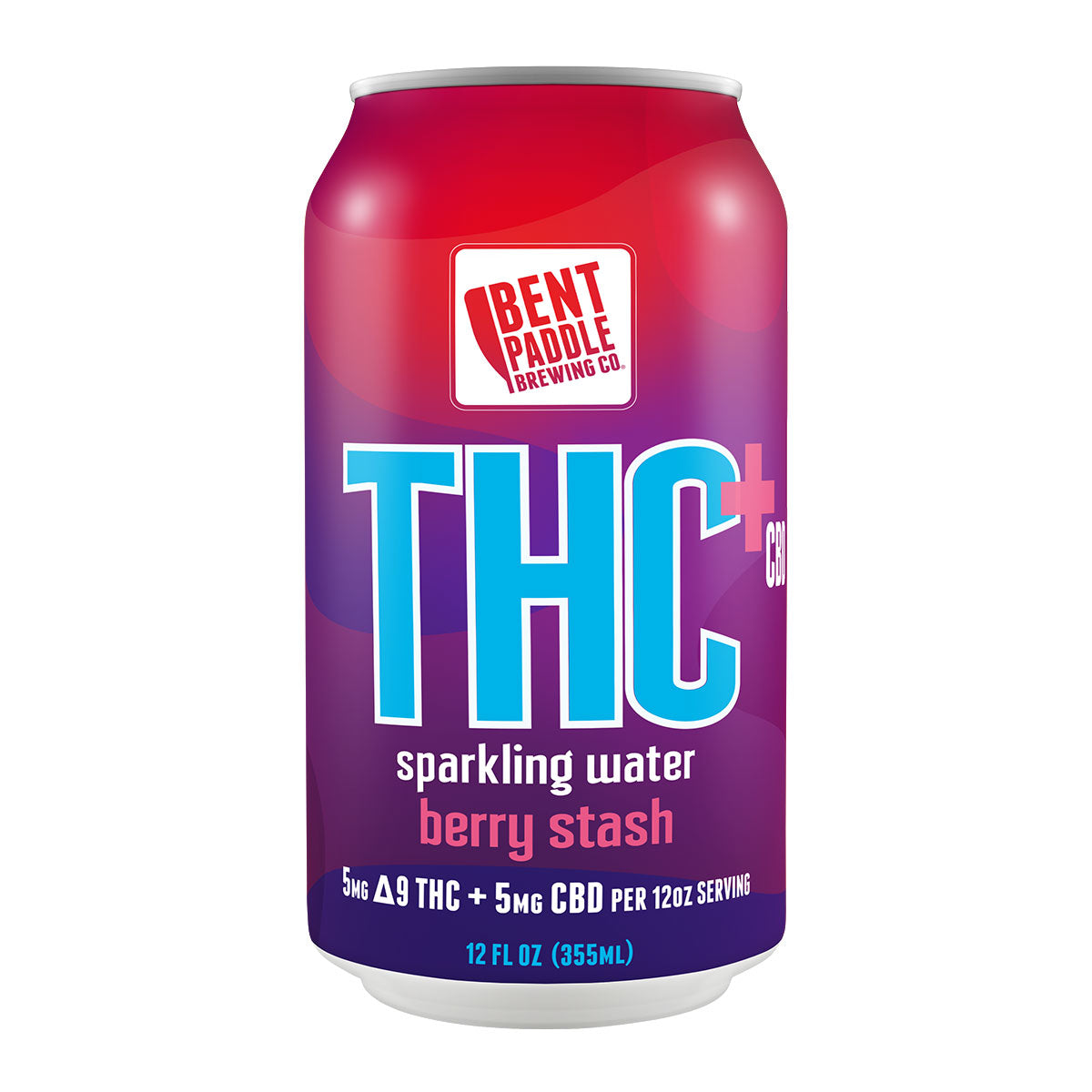 A colorful can of Bent Paddle Brewing Co.'s THC and CBD-infused sparkling water with a pink to purple gradient.