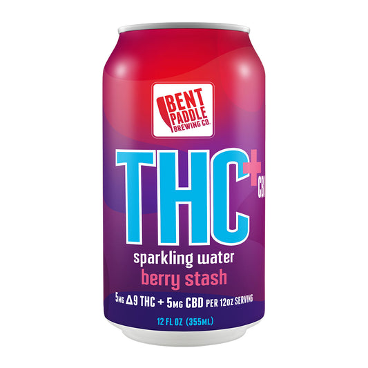 A colorful can of Bent Paddle Brewing Co.'s THC and CBD-infused sparkling water with a pink to purple gradient.