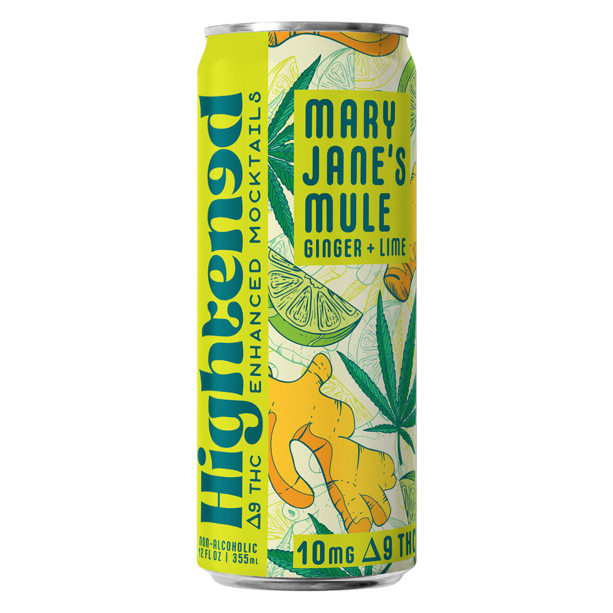 A yellow and green can of Moscow Mule-inspired enhanced THC mocktail with illustrations of ginger, lime and cannbis leaves.