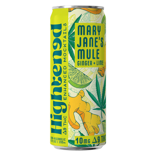 A yellow and green can of Moscow Mule-inspired enhanced THC mocktail with illustrations of ginger, lime and cannbis leaves.
