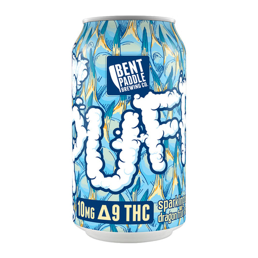 A can with vibrant blue, yellow, and orange abstract design, featuring "PUFF" in white cloud-like letters and "BENT PADDLE BREWING CO." logo.