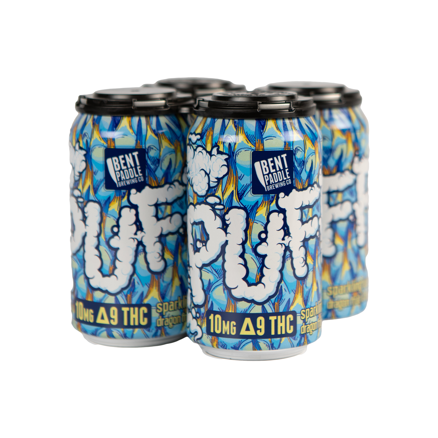 Four-pack of blue and yellow cans with "PUFF" in cloud-like letters.