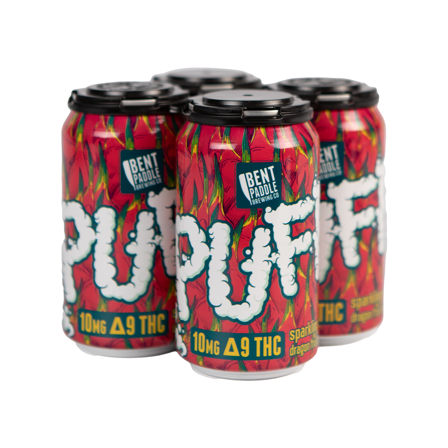 Four-pack of pink and green cans with "PUFF" in cloud-like letters.