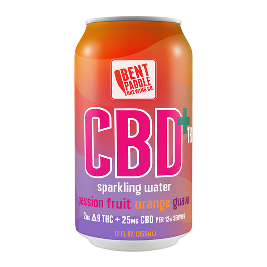 A colorful can of Bent Paddle Brewing Co. CBD sparkling water with passion fruit, orange, and guava flavor.