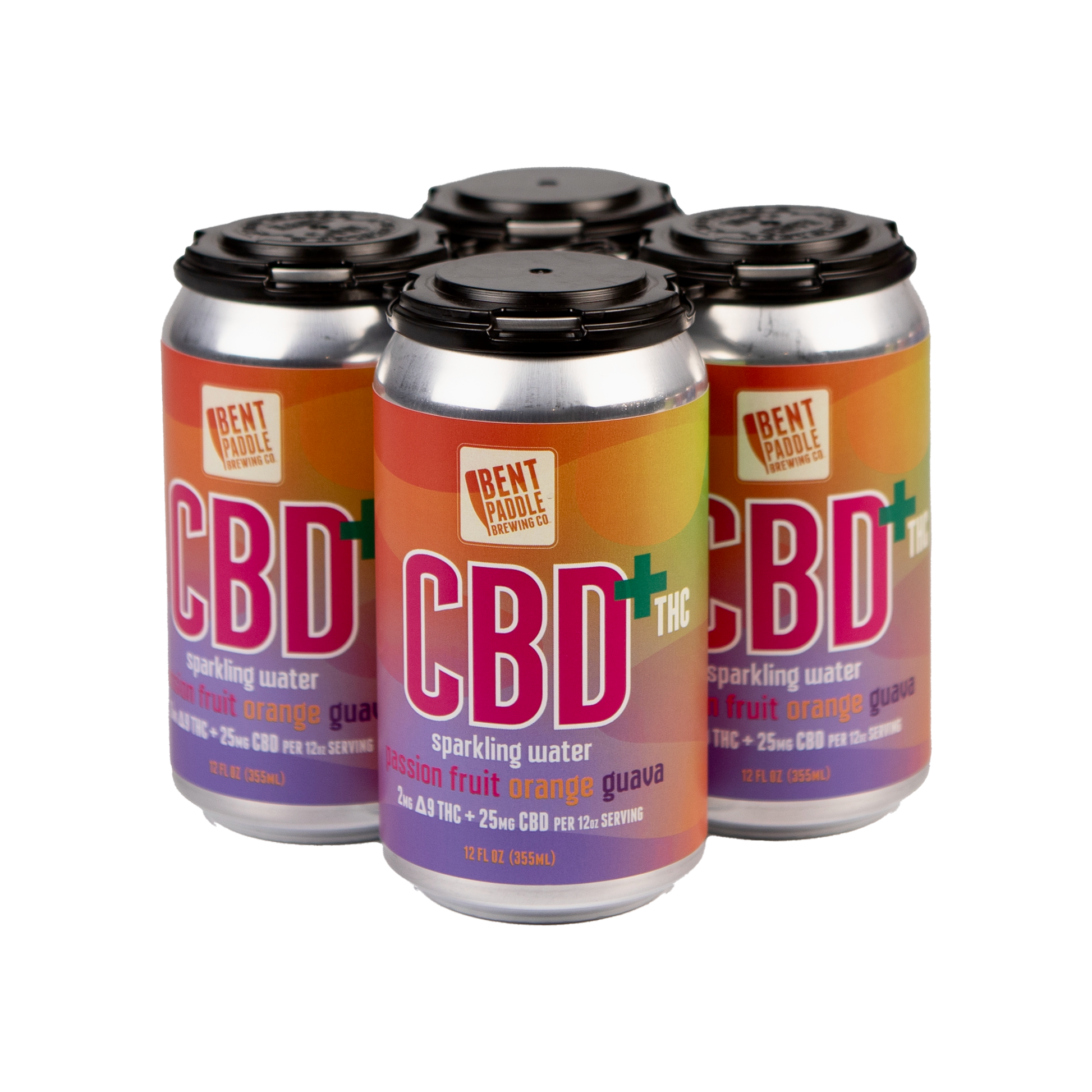 A four-pack of colorful cans of Bent Paddle Brewing Co. CBD sparkling water with passion fruit, orange, and guava flavor.