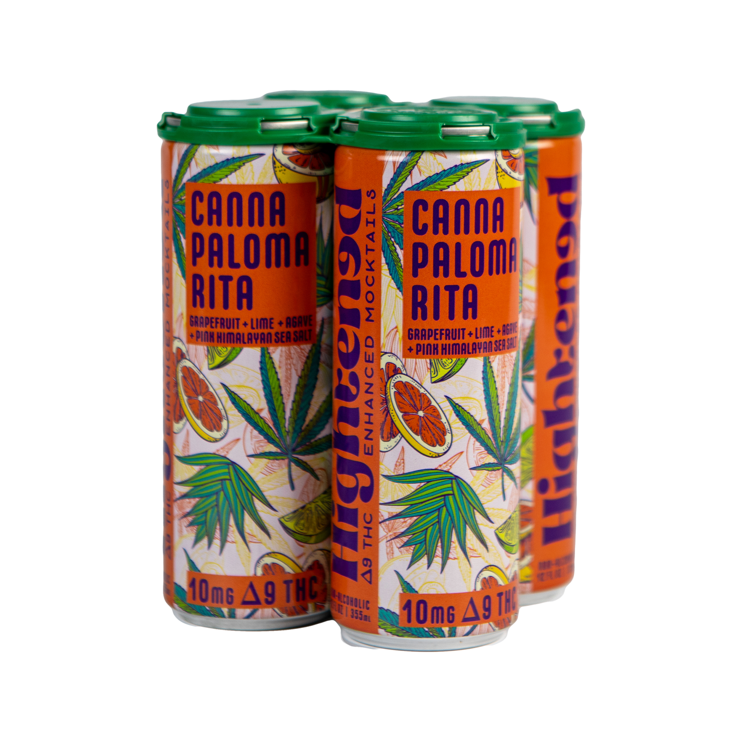 A four-pack of orange and pink cans of Canna Paloma Rita Enhanced Mocktail with illustrations of fruit and cannabis leaves.