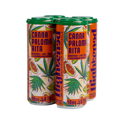 A four-pack of orange and pink cans of Canna Paloma Rita Enhanced Mocktail with illustrations of fruit and cannabis leaves.