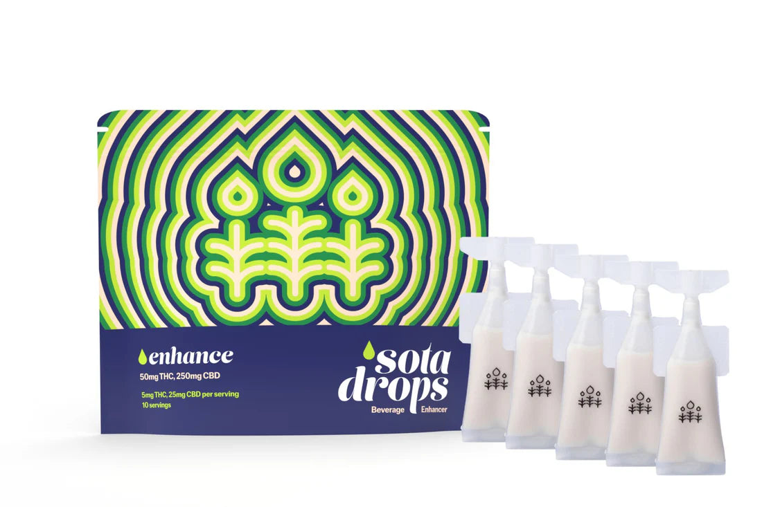 A blue, green and yellow striped package next to five vials of THC liquid drops.