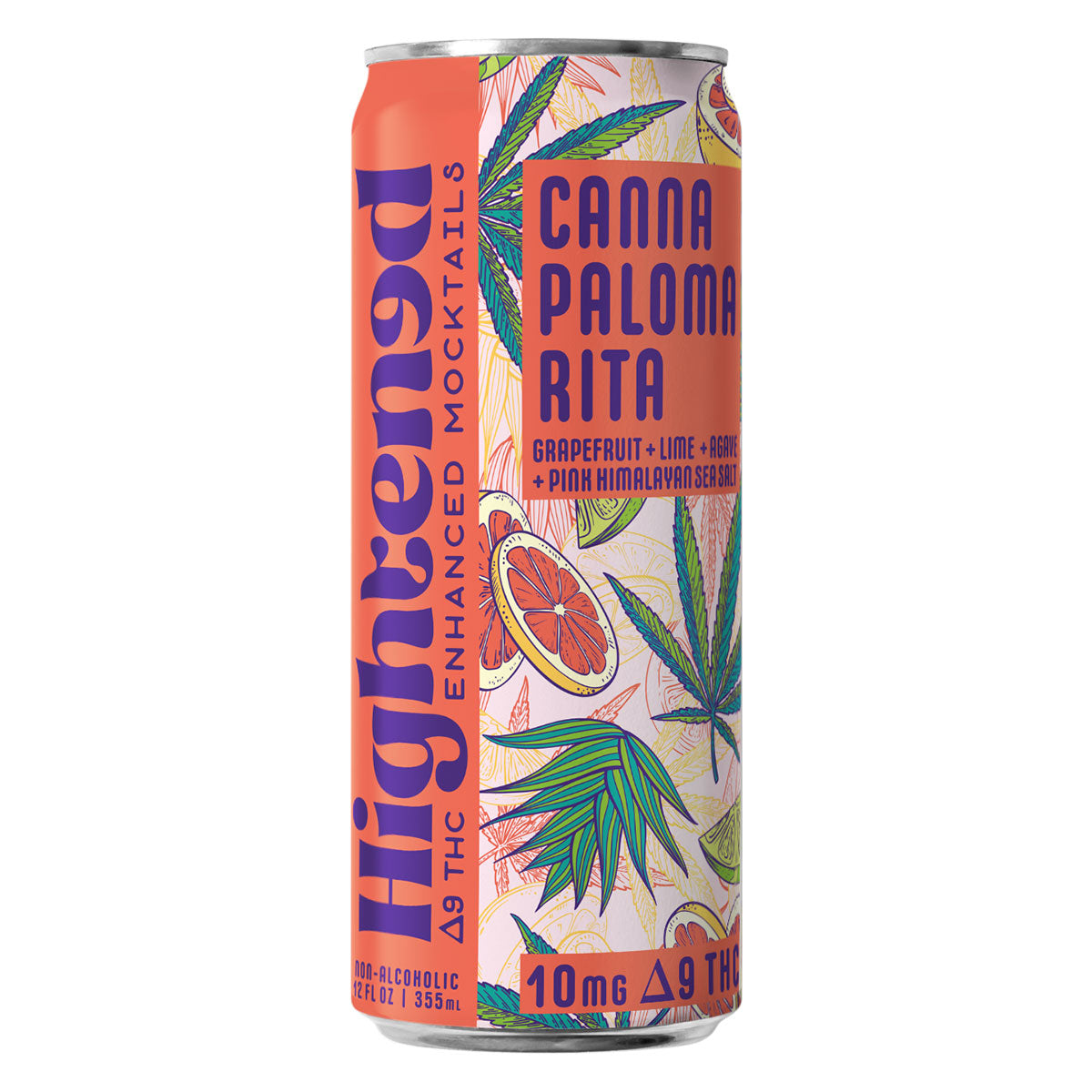 Orange and pink can of Canna Paloma Rita Enhanced Mocktail with illustrations of fruit and cannabis leaves.