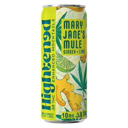 A yellow and green can of Moscow Mule-inspired enhanced THC mocktail with illustrations of ginger, lime and cannbis leaves.