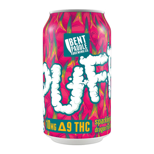 A colorful pink can with a dragon fruit design, "PUFF" in large cloud-like text, and Bent Paddle Brewing Co. logo.