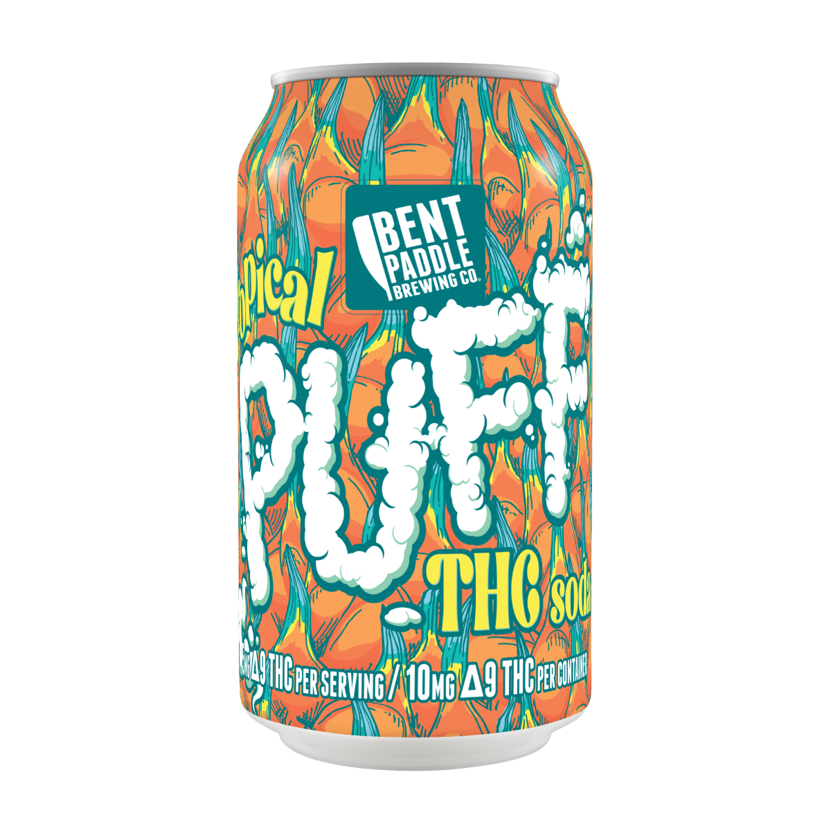 A can with vibrant green, yellow, and orange abstract design, featuring "PUFF" in white cloud-like letters and "BENT PADDLE BREWING CO." logo.