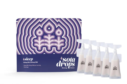 A purple striped package next to five vials of THC liquid drops.