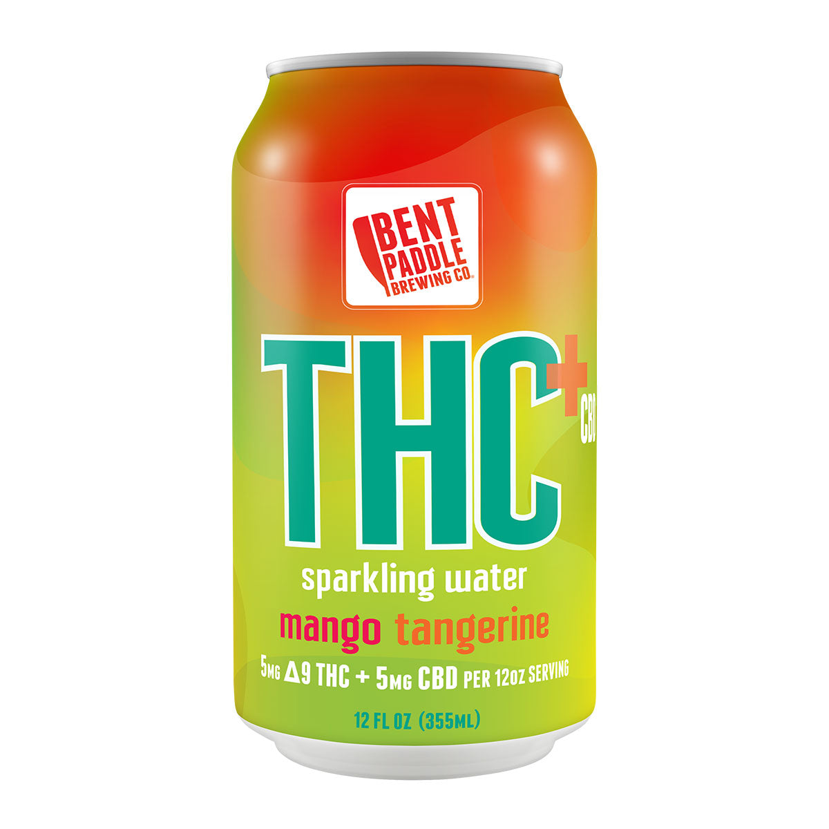 A can of Bent Paddle Brewing Co. mango tangerine THC and CBD sparkling water, with an orange to green color gradient.