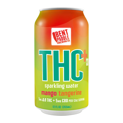 A can of Bent Paddle Brewing Co. mango tangerine THC and CBD sparkling water, with an orange to green color gradient.