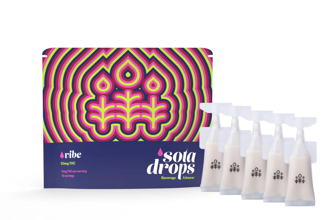 A pink, blue and green striped package next to five vials of THC liquid drops.